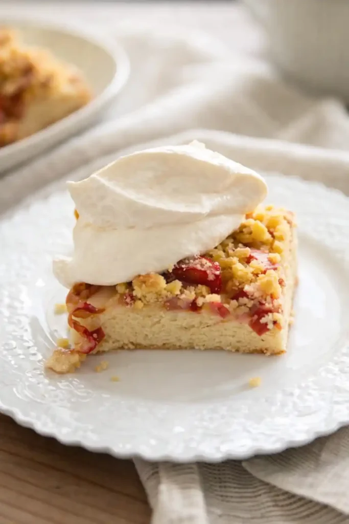 Rhabarberkuchen mit Hefeteig und Streusel mit Sahne – saftiger Hefekuchen mit Rhabarber auf Teller serviert