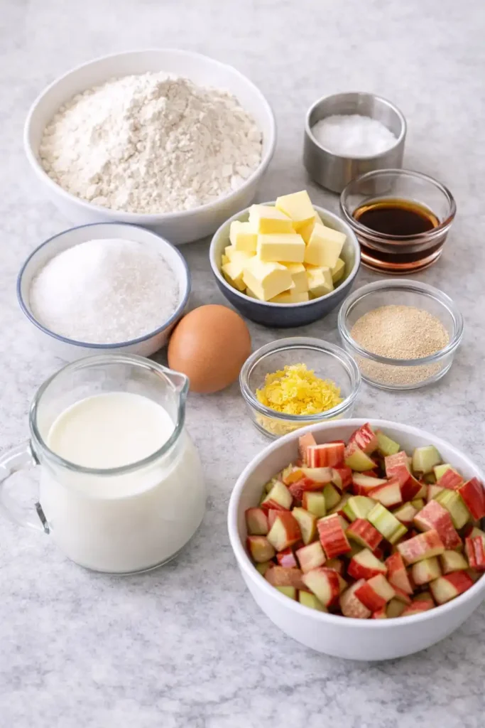Zutaten für Rhabarberkuchen mit Hefeteig und Streusel – Mehl, Butter, Zucker, Ei, Milch und Rhabarber