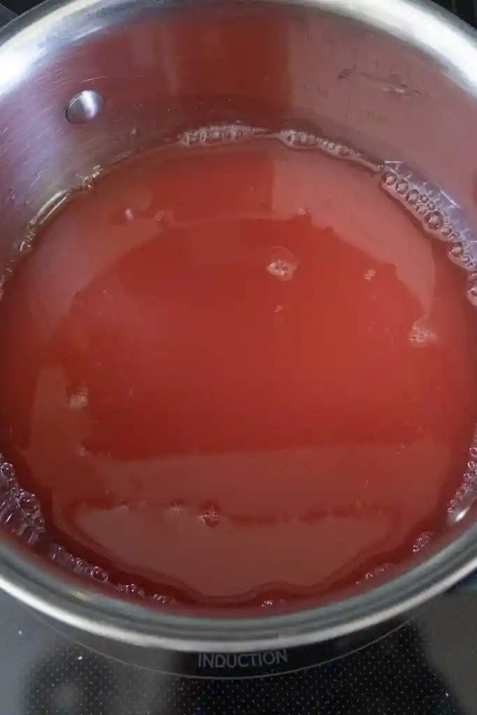 Rhabarbersirup selber machen – Rhabarber Saft im Topf beim Einkochen für Rhabarber Sirup Rezept
