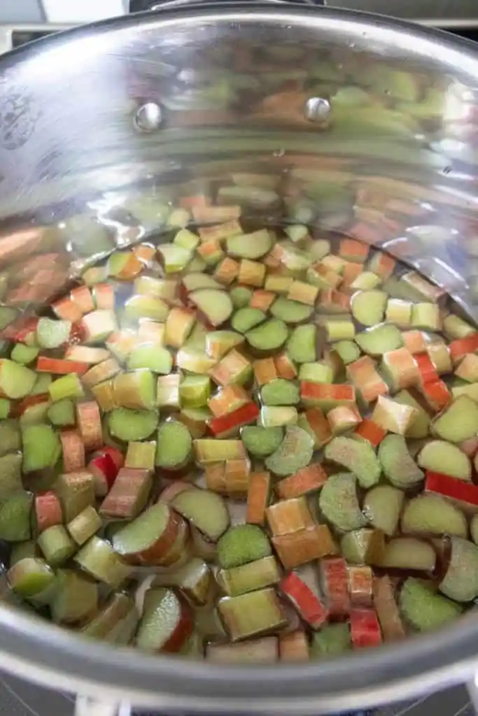 Rhabarbersirup selber machen – Rhabarber Stücke im Topf mit Wasser beim Kochen für Rhabarber Sirup Rezept