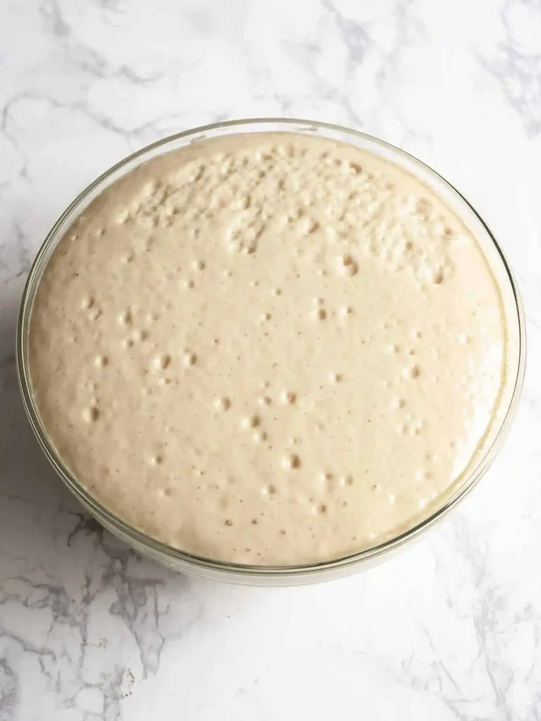 Aufgegangener Poffertjes Teig in der Schüssel für holländische Poffertjes nach original Rezept