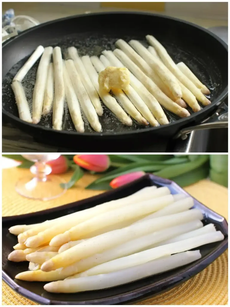 Spargel mit Sauce Hollandaise vorbereiten – weißer Spargel in der Pfanne garen und fertig gekocht anrichten