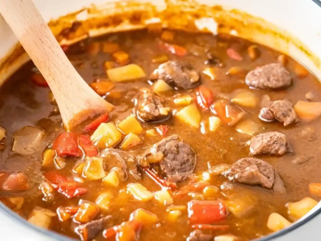 Ungarisches Gulasch Rezept original beim Kochen im Topf mit Paprika, Kartoffeln und zartem Rindfleisch