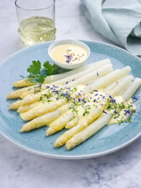 Weißer Spargel mit cremiger Sauce auf dem Teller – eines der besten weißer spargel rezepte für einfache schnelle Spargelgerichte