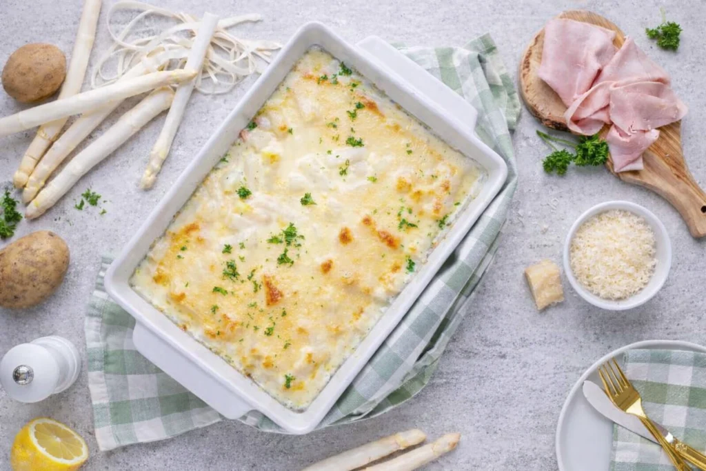 Spargelauflauf mit Kartoffeln und Kochschinken – einfaches Rezept mit weißem Spargel für leckere Spargelgerichte