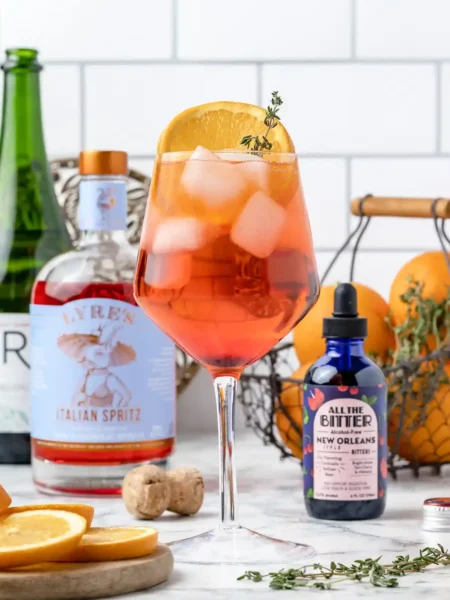 Aperol Spritz ohne Alkohol im Weinglas mit alkoholfreiem Aperol, Orange, Eiswürfeln und Sprudel