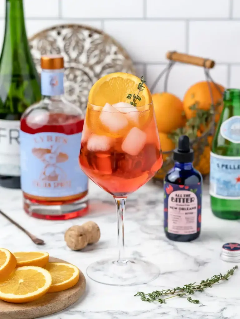 Aperol Spritz ohne Alkohol serviert mit Orange, Eiswürfeln, alkoholfreiem Aperol, Sekt und Mineralwasser