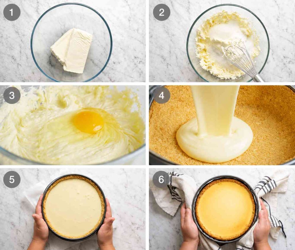 Erdbeer Käsekuchen Rezept Schritt für Schritt mit cremiger Käsekuchenfüllung und Keksboden