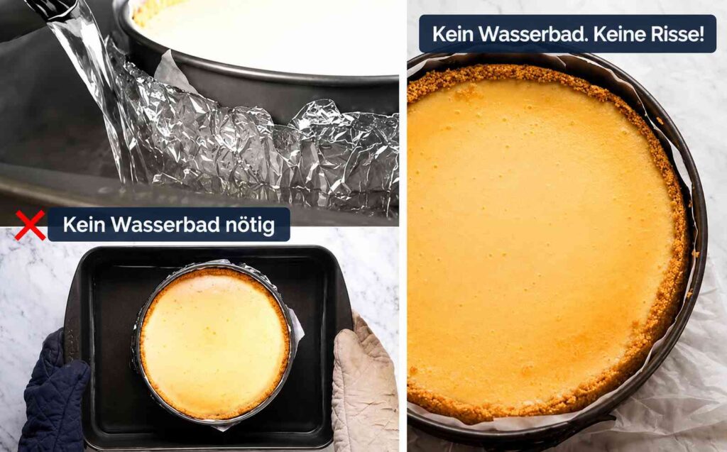 Erdbeer Käsekuchen Rezept ohne Wasserbad backen mit glatter Oberfläche und Keksboden
