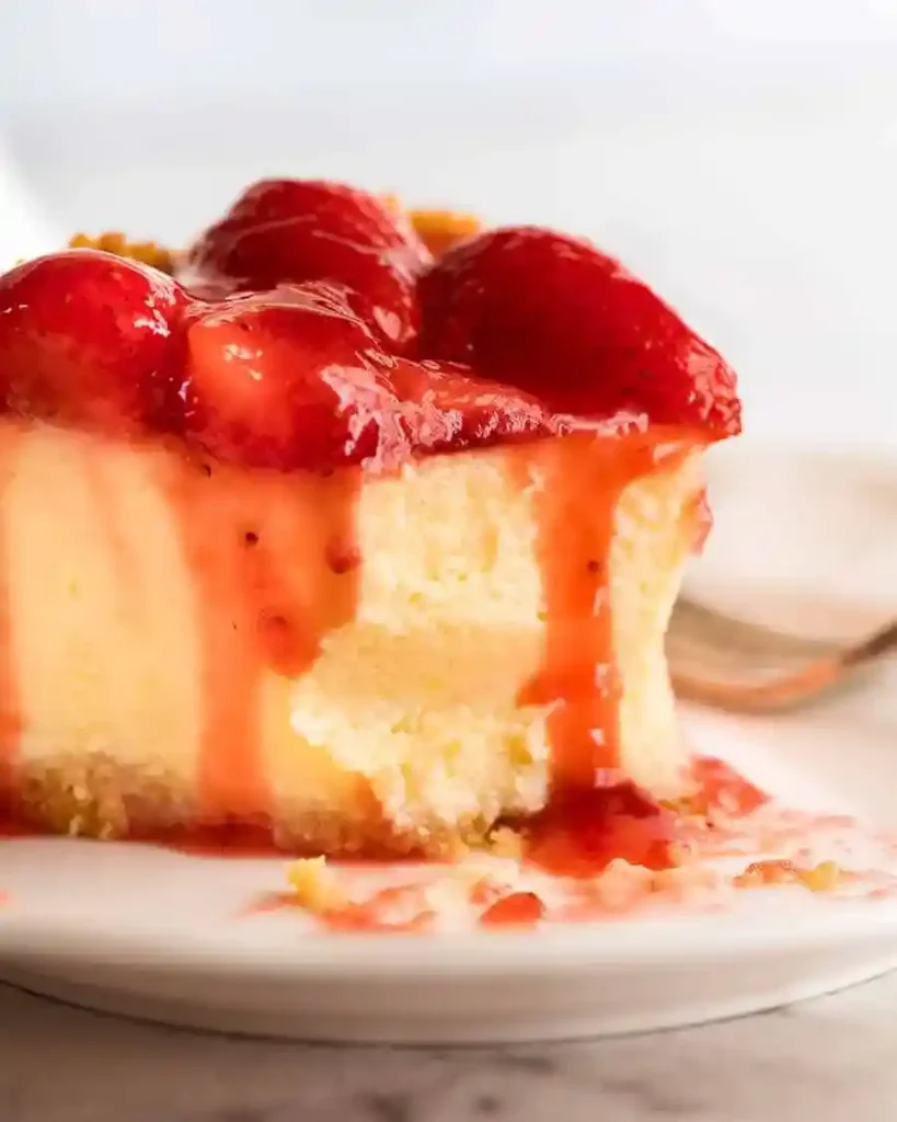 Käsekuchen mit Erdbeeren als cremiges Stück mit Erdbeer-Topping und Keksboden