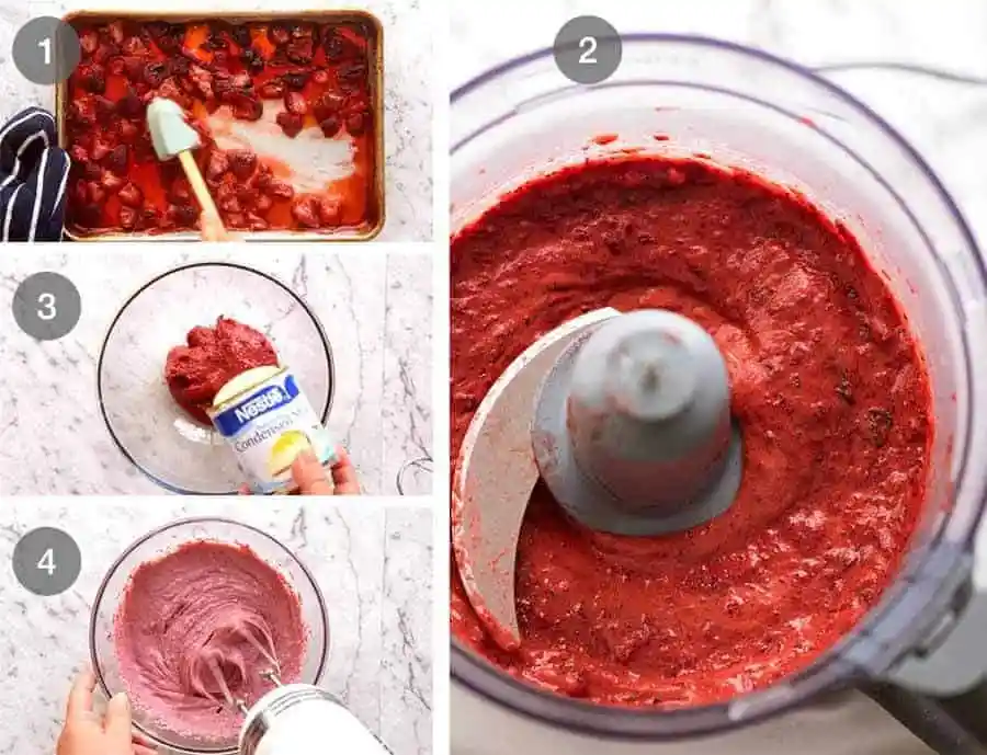 Erdbeereis selber machen ohne Eismaschine Schritt für Schritt mit gerösteten Erdbeeren und Kondensmilch