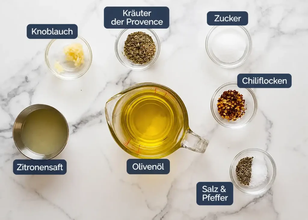 Marinade für Grillgemüse mit Olivenöl, Zitronensaft, Knoblauch, Kräutern, Chiliflocken, Salz und Pfeffer