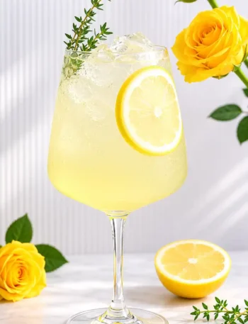 Limoncello Spritz ohne Alkohol im Weinglas mit Zitronenscheibe, Eiswürfeln, Thymian und alkoholfreiem Prosecco