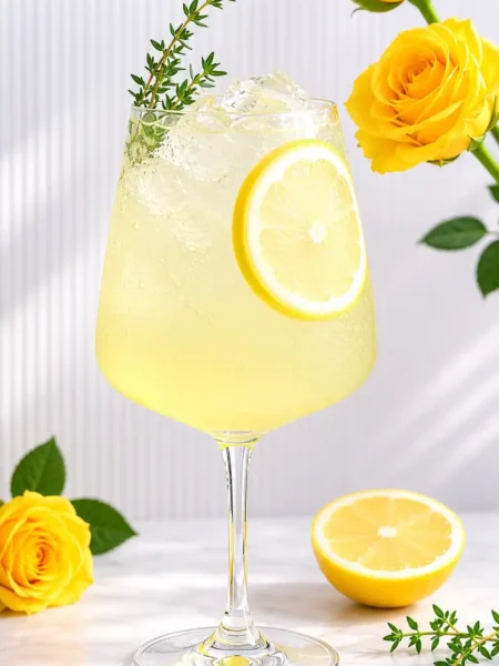 Limoncello Spritz ohne Alkohol im Weinglas mit Zitronenscheibe, Eiswürfeln, Thymian und alkoholfreiem Prosecco