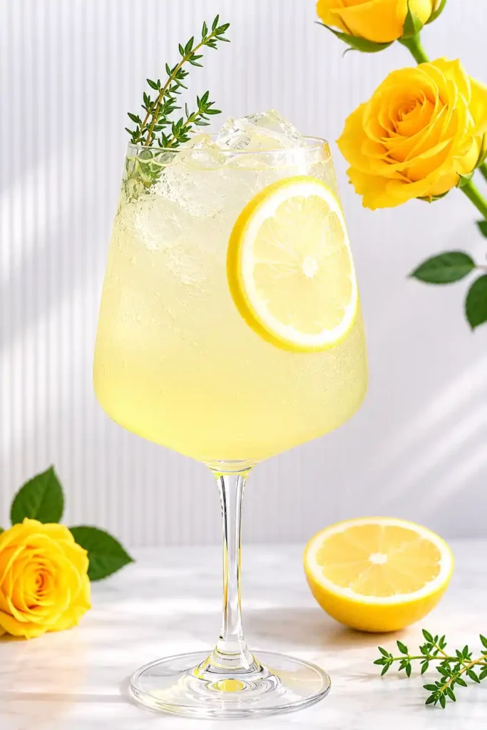Limoncello Spritz ohne Alkohol im Weinglas mit Zitronenscheibe, Eiswürfeln, Thymian und alkoholfreiem Prosecco