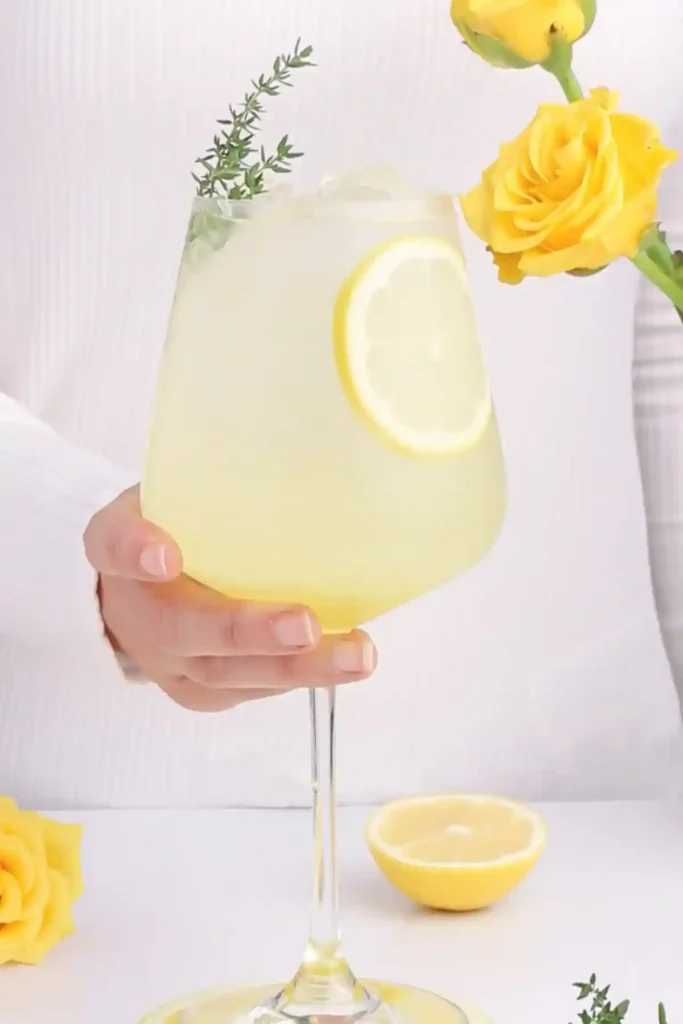 Dieses Bild zeigt einen spritzigen Limoncello Spritz ohne Alkohol im eleganten Weinglas, garniert mit Zitronenscheibe und Thymian. Das einfache Limoncello Spritz Rezept alkoholfrei wird mit alkoholfreiem Limoncello-Sirup, Zitronensprudel oder alkoholfreiem Prosecco und Eiswürfeln zubereitet. Perfekt für alle, die Limoncello alkoholfrei selber machen möchten und einen frischen italienischen Sommerdrink ohne Alkohol suchen.