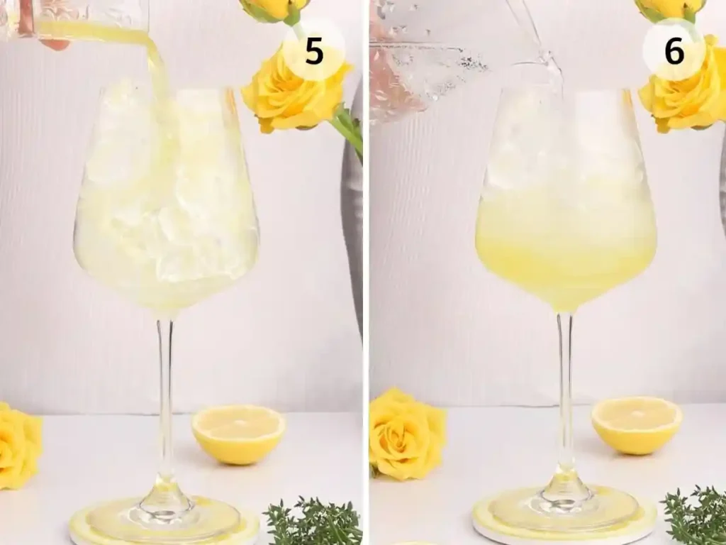 Limoncello Spritz ohne Alkohol zubereiten mit alkoholfreiem Limoncello-Sirup, Eiswürfeln und alkoholfreiem Prosecco