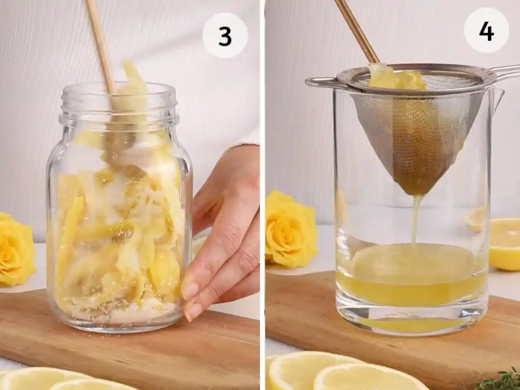 Limoncello alkoholfrei selber machen mit Zitronenschale, Zucker und feinem Sieb für Limoncello Spritz ohne Alkohol