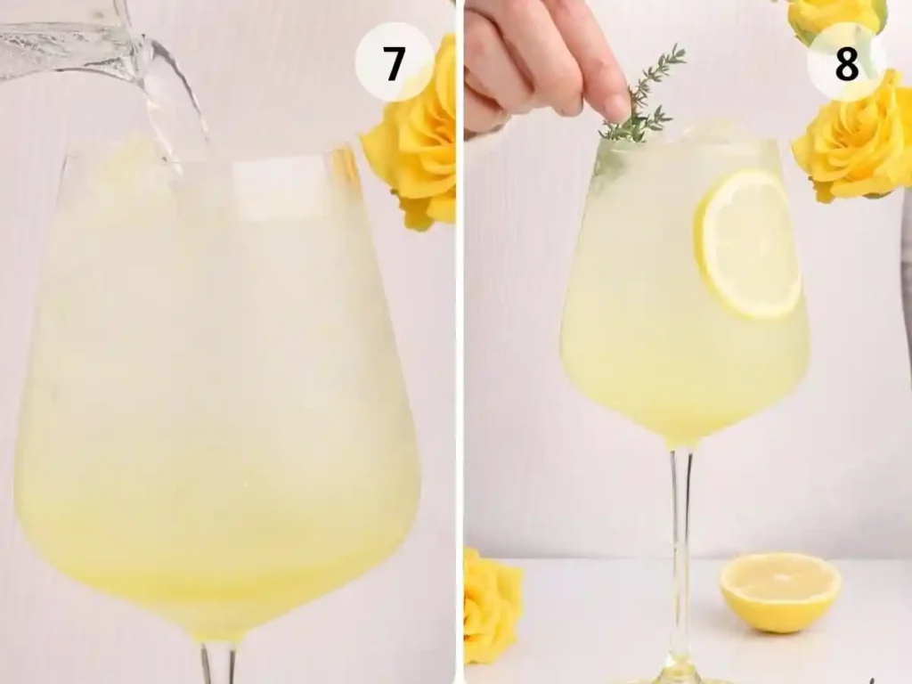 Limoncello Spritz ohne Alkohol fertig mixen mit Zitronensprudel, Zitronenscheibe, Thymian und Eiswürfeln