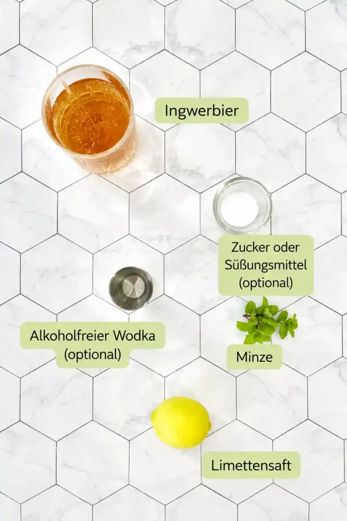 Moscow Mule Rezept original alkoholfrei mit Zutaten wie Ginger Beer, Limettensaft, Minze und optional alkoholfreiem Wodka