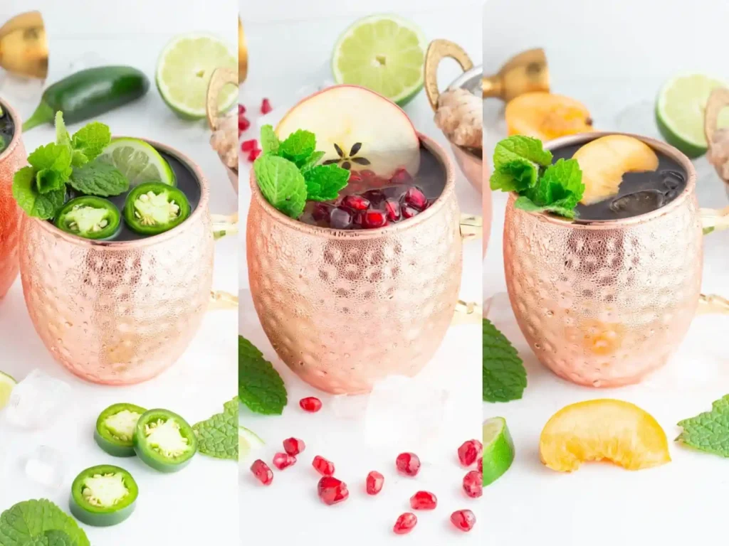 Moscow Mule Rezept original alkoholfrei mit Virgin Moscow Mule Variationen mit Jalapeño, Granatapfel und Pfirsich im Kupferbecher