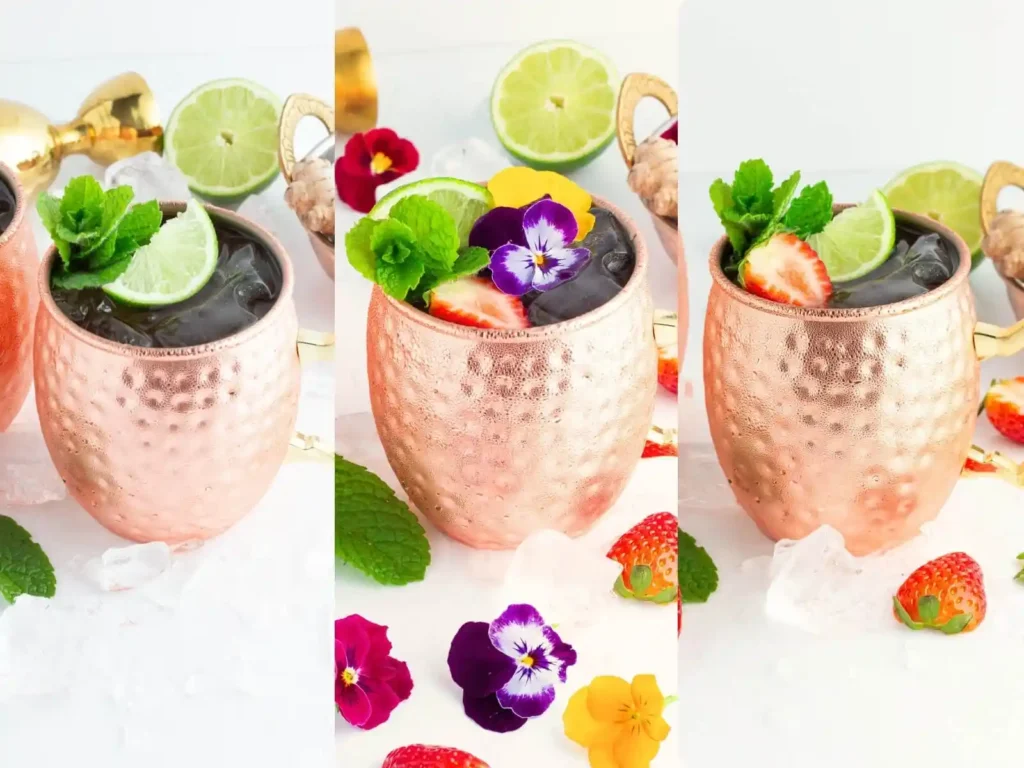 Moscow Mule Rezept original alkoholfrei mit Virgin Moscow Mule Variationen, Limette, Minze, Erdbeeren und Eis im Kupferbecher