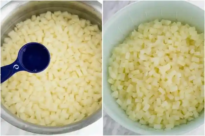 Kartoffeln für Okroschka Rezept Original klein gewürfelt und gekocht für russische kalte Suppe