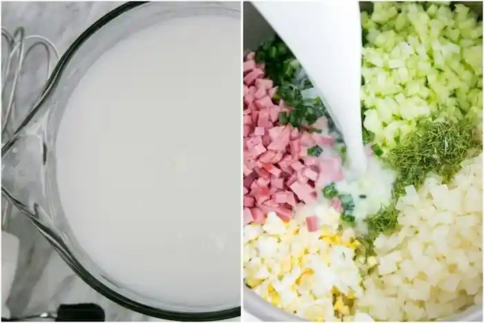 Okroschka Rezept Original mit kalter saurer Sahne Mischung für russische kalte Suppe