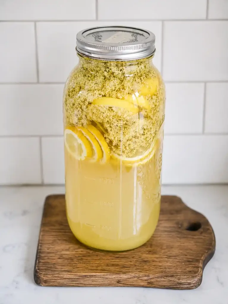 Omas Holunderblütensirup Rezept im Glas mit Holunderblüten und Zitronen zum selber machen