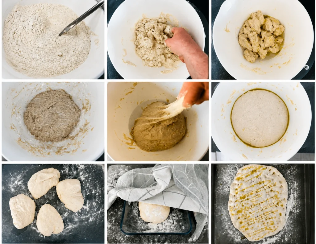 Pinsa Rezept mit Pinsa Teig Schritt für Schritt, vom Mehl mischen bis zum Formen und Vorbacken der Pinsa Romana