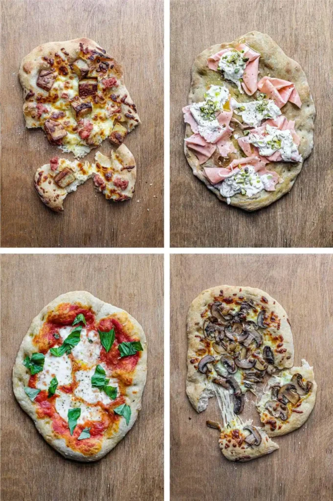 Pinsa Rezept mit vier Pinsa belegen Ideen, darunter Tomate Mozzarella, Pilze, Kartoffel Salsiccia und Mortadella Burrata
