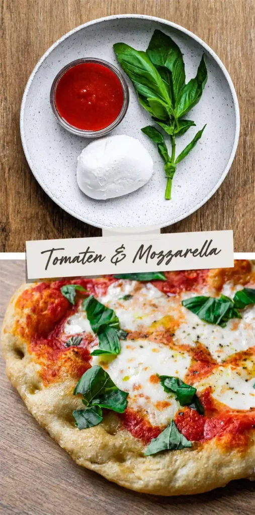 Pinsa Rezept mit Pinsa Teig, Tomatensauce, Mozzarella und Basilikum als klassische Idee zum Pinsa belegen