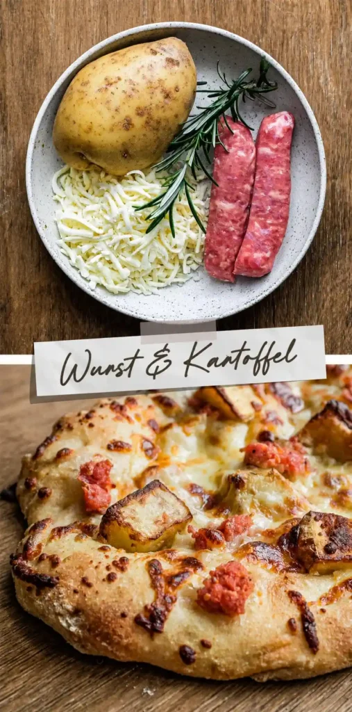 Pinsa Rezept mit Pinsa Teig, Kartoffel, Wurst, Mozzarella und Rosmarin als herzhafte Pinsa Belag Idee