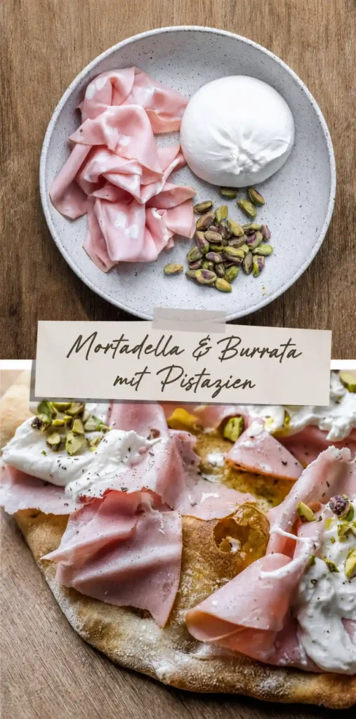 Pinsa Rezept mit Pinsa Teig, Mortadella, Burrata und Pistazien als cremige Pinsa Belag Idee