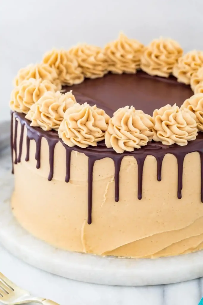 Torte mit Schokolade Ganache Drip, cremiger Schoko Ganache zum Überziehen und heller Creme-Dekoration