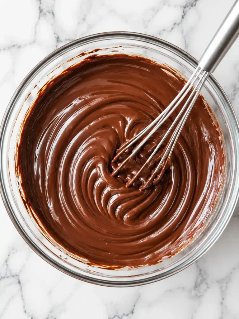 Schokolade Ganache Rezept mit glänzender Schoko Ganache in einer Glasschüssel, die mit einem Schneebesen glatt gerührt wird