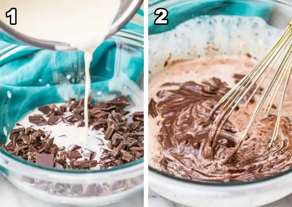 Schokolade Ganache Rezept Schritt für Schritt: heiße Sahne wird über gehackte Schokolade gegossen und zur cremigen Schoko Ganache gerührt