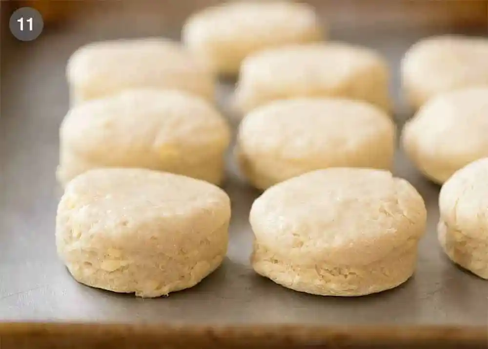 Scones Rezept original englisch mit ausgestochenen Scones auf dem Backblech vor dem Backen