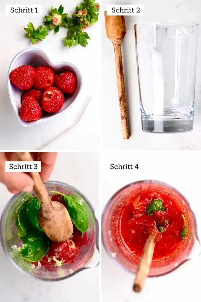Erdbeerlimes alkoholfrei zubereiten mit Erdbeeren, Basilikum, Limette und Süßungsmittel in vier Schritten