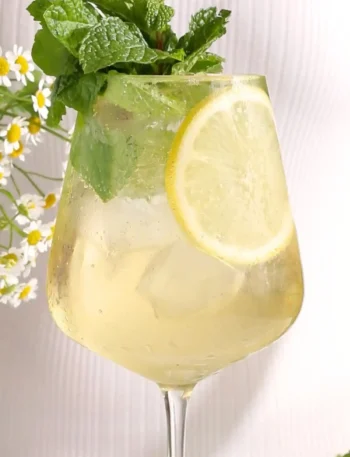 Hugo alkoholfrei im Weinglas mit Minze, Zitrone, Eiswürfeln und Holunderblütensirup