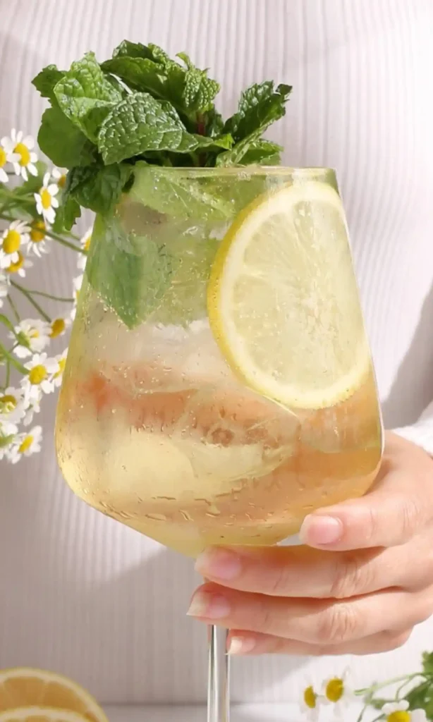 Hugo Spritz ohne Alkohol im Weinglas mit Minze, Zitronenscheibe, Eiswürfeln und Holunderblütensirup