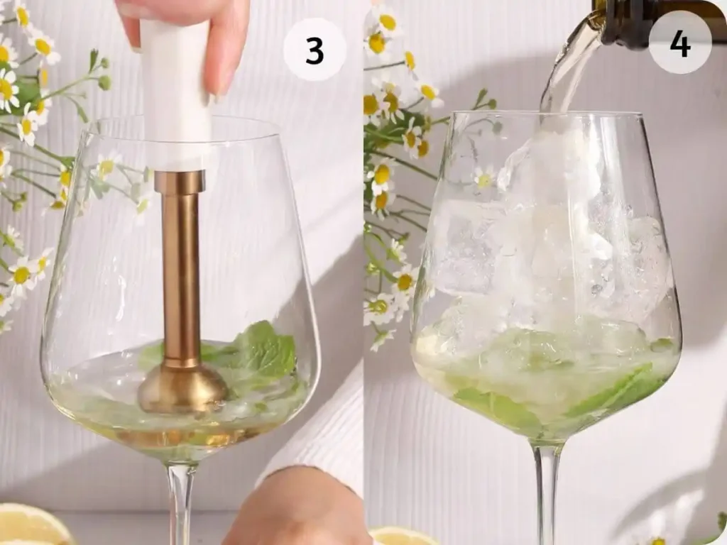 Hugo alkoholfrei zubereiten mit Minze, Holunderblütensirup, Eiswürfeln und alkoholfreiem Prosecco
