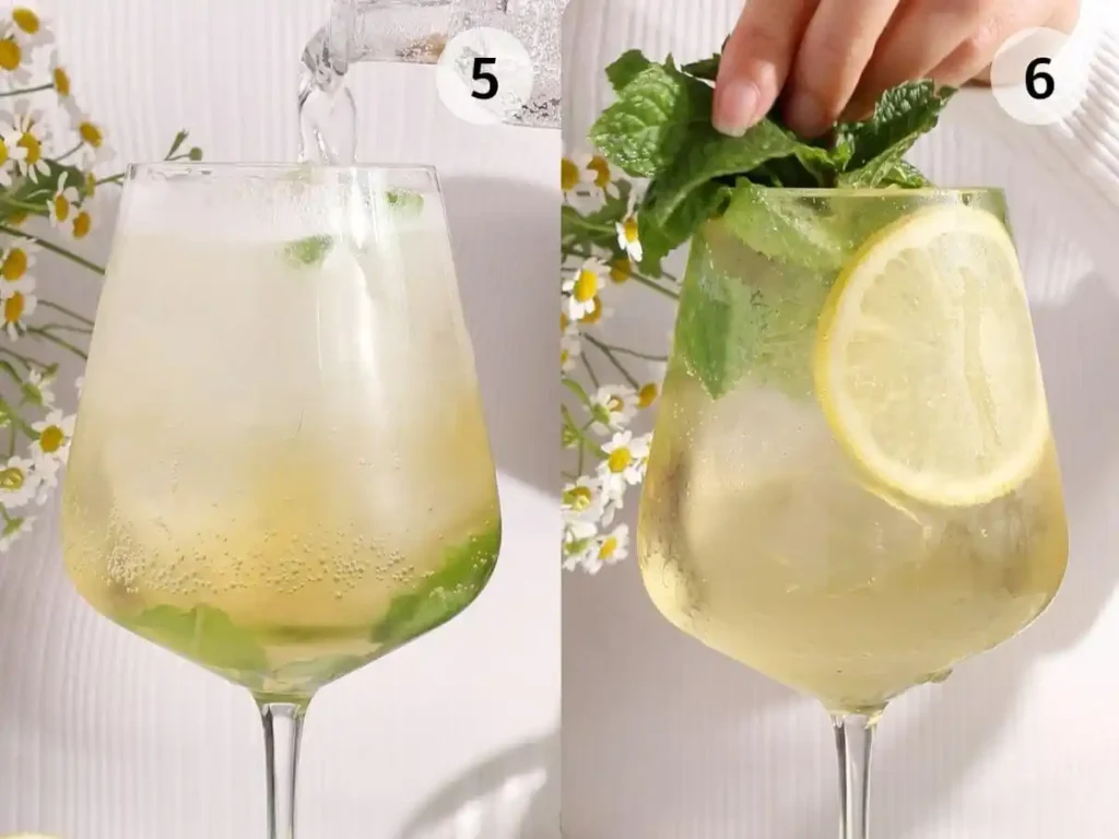 Hugo alkoholfrei fertig zubereiten mit Soda, Minze, Zitronenscheibe, Eiswürfeln und Holunderblütensirup