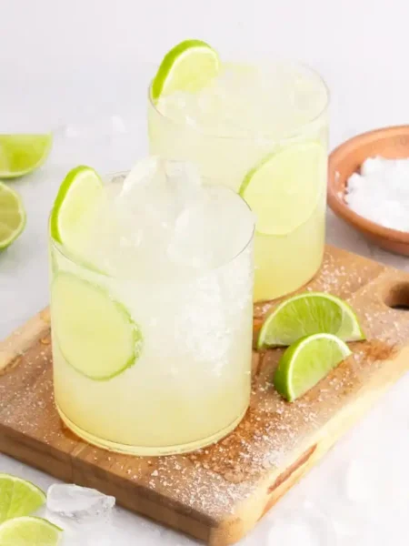 Zwei Gläser Margarita ohne Alkohol mit Eiswürfeln, Limettenscheiben und grobem Meersalz