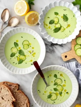 Omas kalte Gurkensuppe mit Joghurt in Schalen, garniert mit Gurkenscheiben, Kräutern und Olivenöl