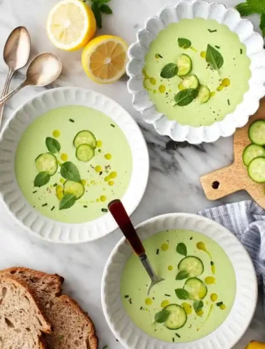 Omas kalte Gurkensuppe mit Joghurt in Schalen, garniert mit Gurkenscheiben, Kräutern und Olivenöl
