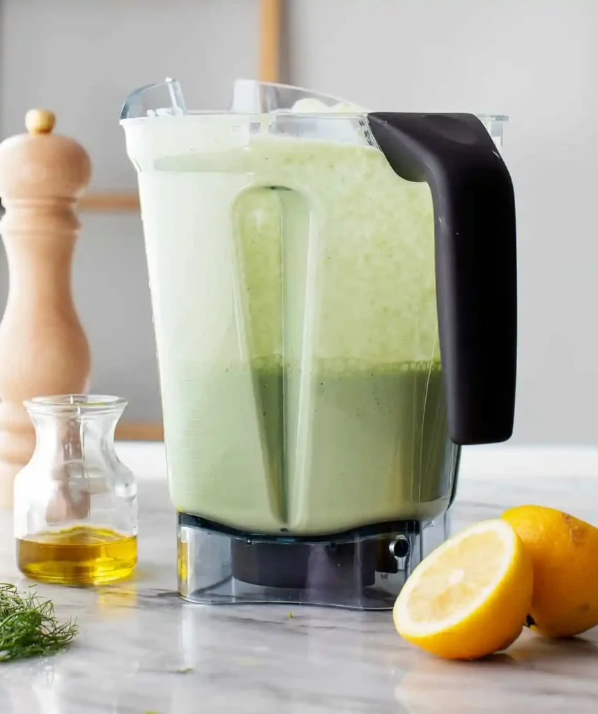 Kalte Gurkensuppe mit Joghurt wird im Mixer cremig püriert, daneben Zitronen, Dill und Olivenöl