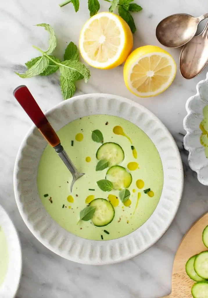 Kalte Gurkensuppe mit Joghurt in einer Schale, garniert mit Gurkenscheiben, Minze und Olivenöl