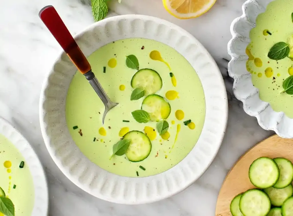 Omas kalte Gurkensuppe mit Joghurt in Schalen mit Gurkenscheiben, Kräutern und Olivenöl