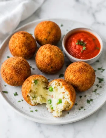Arancini nach original sizilianischem Rezept mit Mozzarella-Füllung, Erbsen und Tomatensoße auf einem Teller